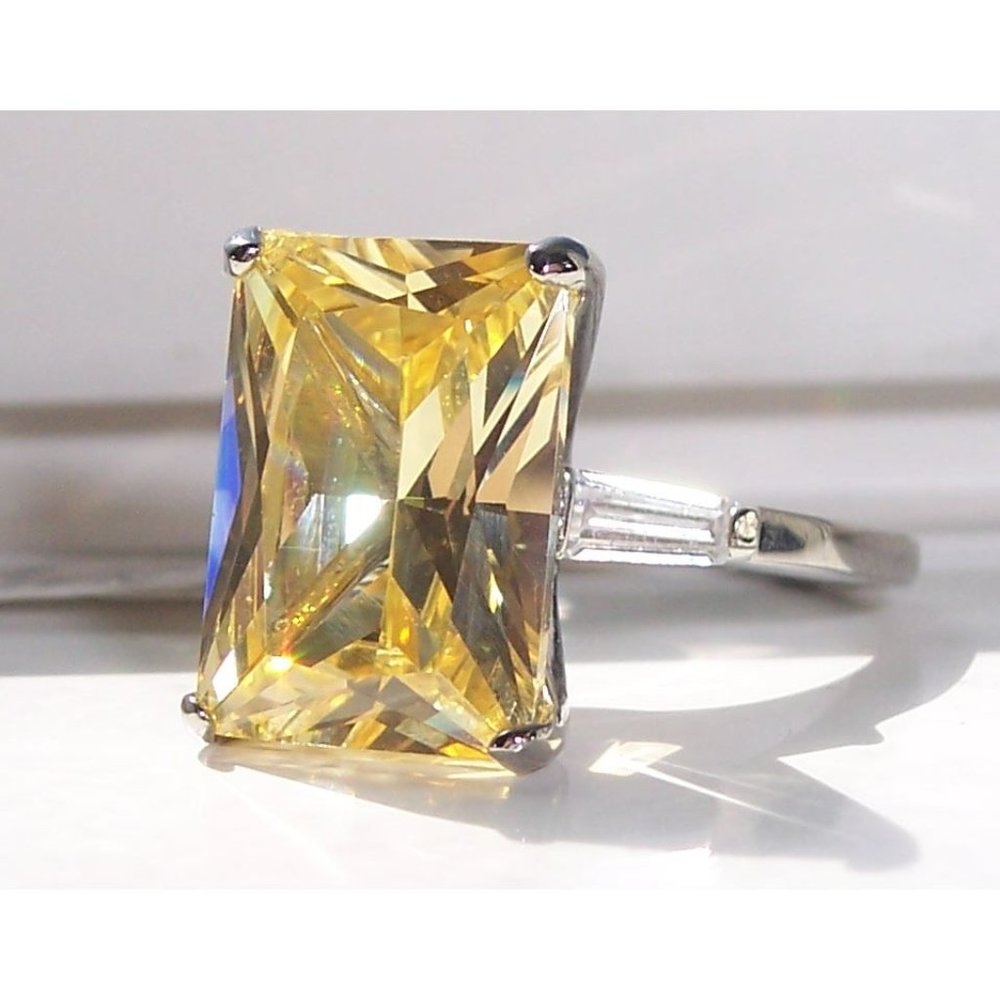 STAINLESS STEEL Canary Yellow Radiant Cut Cubic Zirconia Ring - Picture 2 of 16